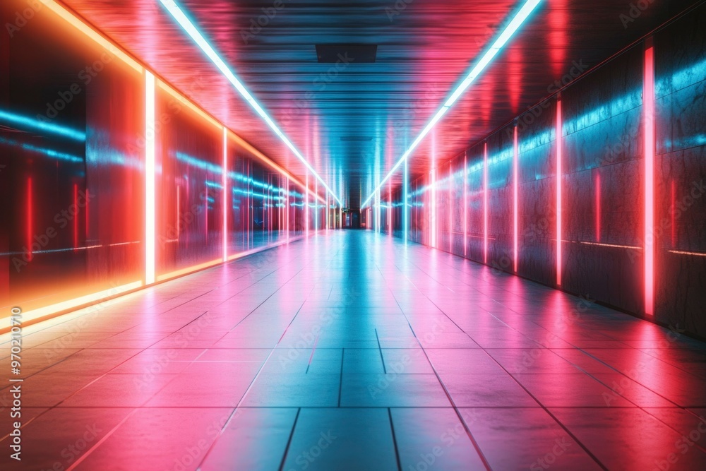 Empty Neon-Lit Tunnel with Pink and Blue Lights