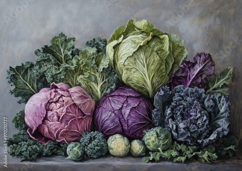 Oil painting showcasing a composition of various ornamental cabbage leaves against a gray background featuring kale and violet cabbage among fresh organic vegetables photo