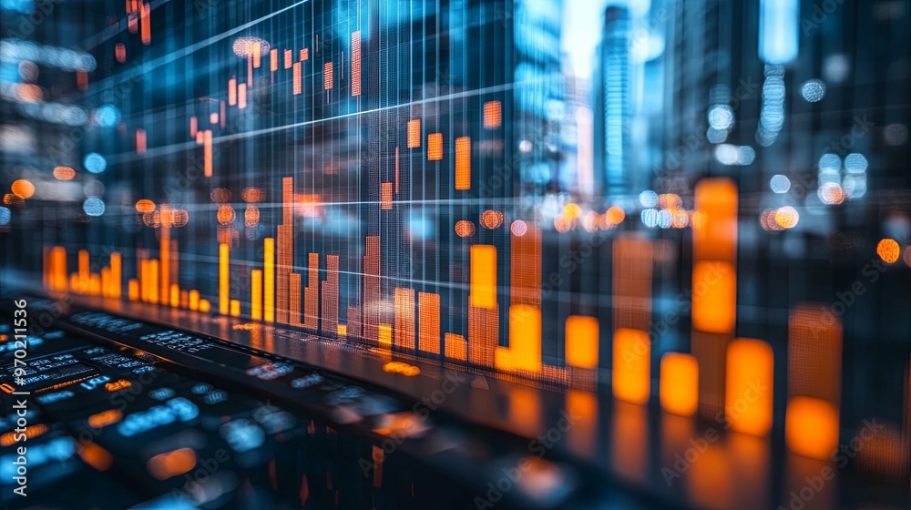 Financial Data Displayed on a Screen with a Cityscape Background Financial Data Displayed on a Screen with a Cityscape Background