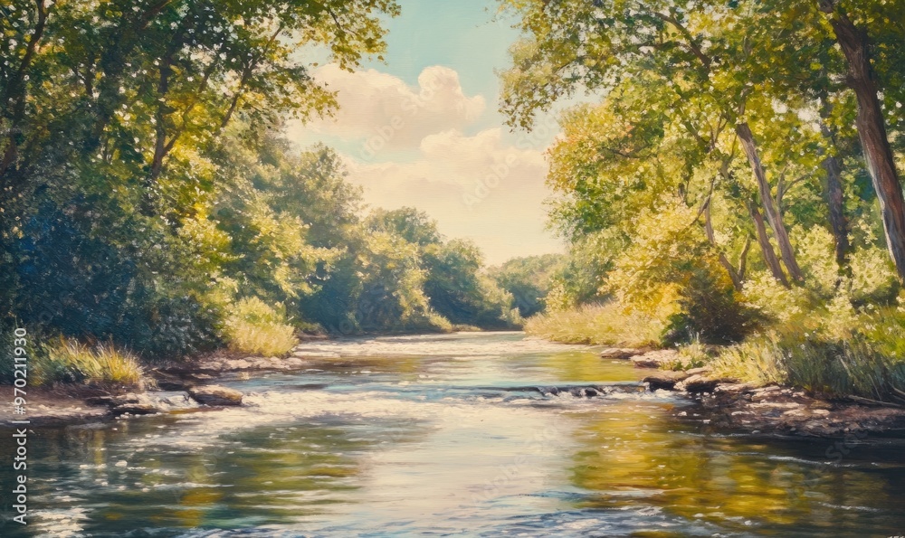 Naklejka premium Oil painting showcasing the natural beauty of a river capturing serene landscapes and the essence of a vibrant environment