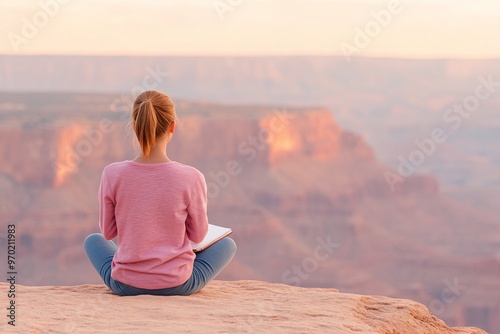 Back view of a woman sitting on a cliff edge at sunset holding a notebook. Perfect for travel, solitude, or self-reflection marketing materials, with themes of adventure and inspiration.

 photo