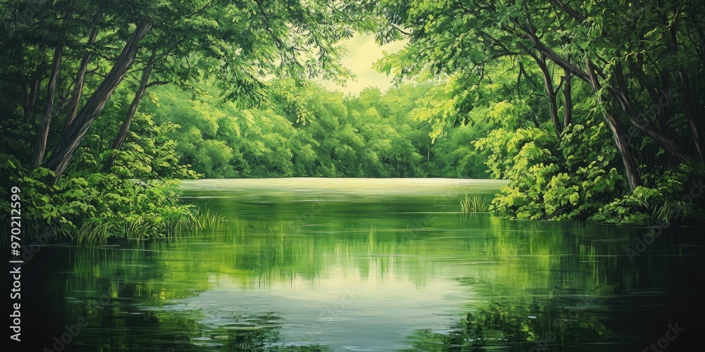 Oil painting depicting a serene lake surrounded by lush greenery and tranquil waters capturing the essence of nature s beauty Oil painting depicting a serene lake surrounded by lush greenery and tranquil waters capturing the essence of nature s beauty