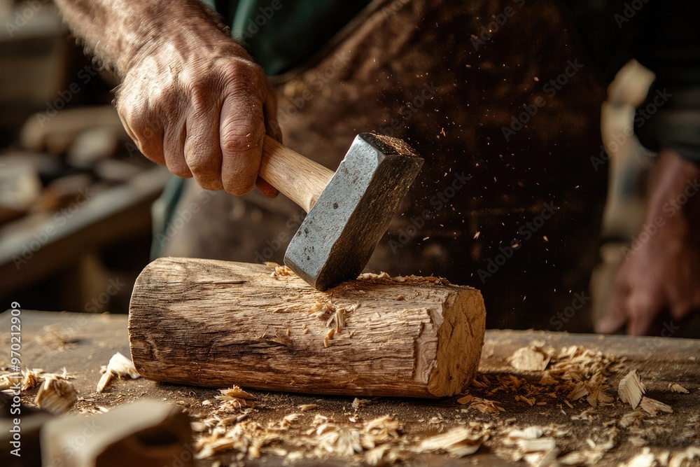 A Carpenter's Hand Striking a Log with a Hammer A Carpenter's Hand Striking a Log with a Hammer