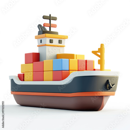 3D icon of a cargo ship, on a solid white background