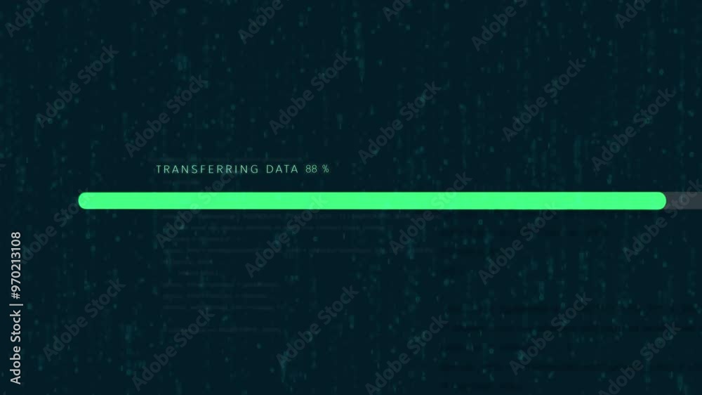 Green bar, hacking and download for software, network and server on dark background. Empty, ai and blockchain with progress, big data collection and cyber security for digital info or cloud computing