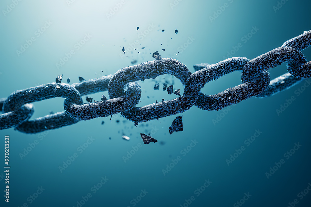 A close-up of a broken chain link, representing concepts of weakness, breaking free, or overcoming obstacles. The image can be used in metaphorical contexts. A close-up of a broken chain link, representing concepts of weakness, breaking free, or overcoming obstacles. The image can be used in metaphorical contexts.
