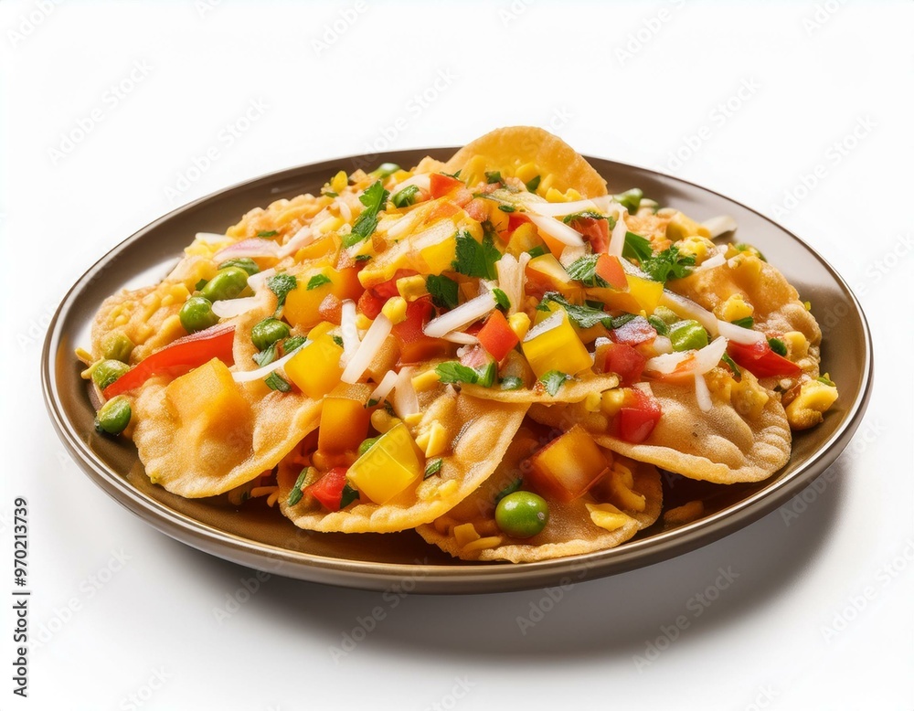 Papri Chaat on plate isolated on white background Papri Chaat on plate isolated on white background