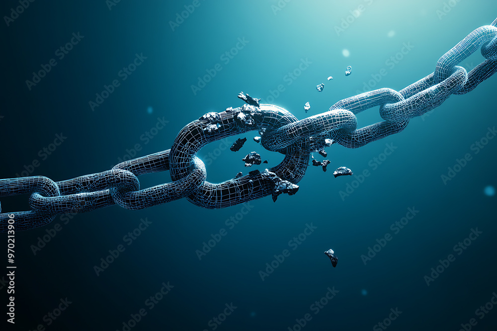 A close-up of a broken chain link, representing concepts of weakness, breaking free, or overcoming obstacles. The image can be used in metaphorical contexts. A close-up of a broken chain link, representing concepts of weakness, breaking free, or overcoming obstacles. The image can be used in metaphorical contexts.