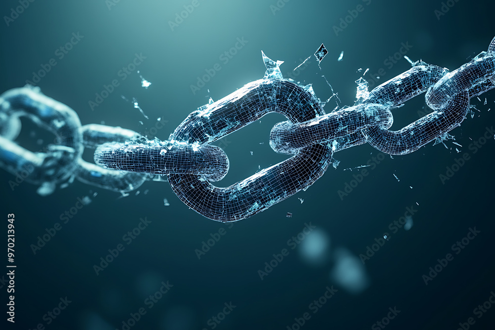A close-up of a broken chain link, representing concepts of weakness, breaking free, or overcoming obstacles. The image can be used in metaphorical contexts. A close-up of a broken chain link, representing concepts of weakness, breaking free, or overcoming obstacles. The image can be used in metaphorical contexts.