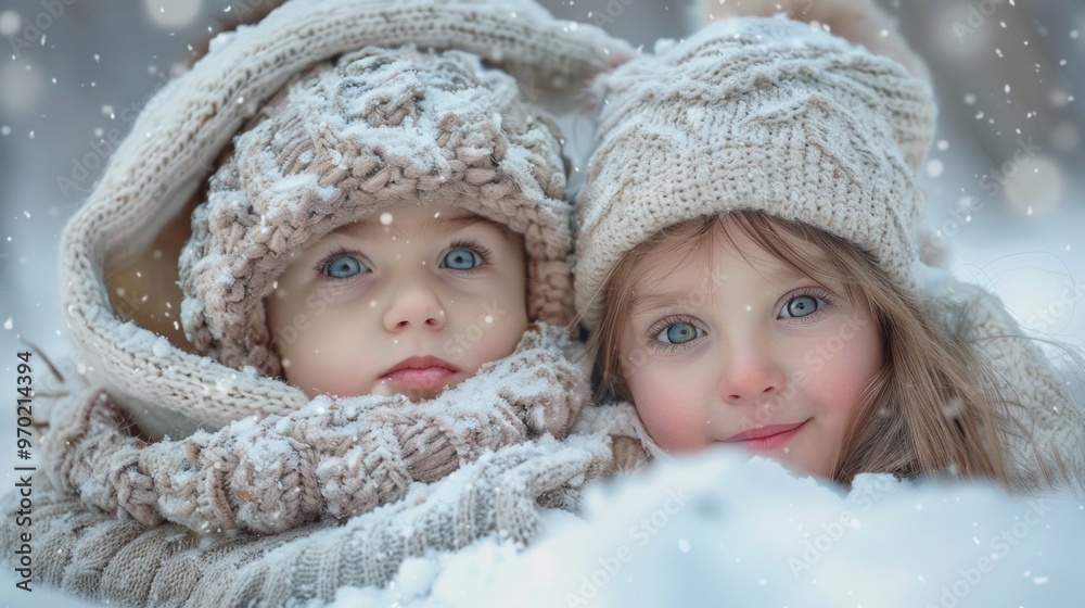 beautiful girls with light eyes looking at the camera in the snow in winter beautiful girls with light eyes looking at the camera in the snow in winter