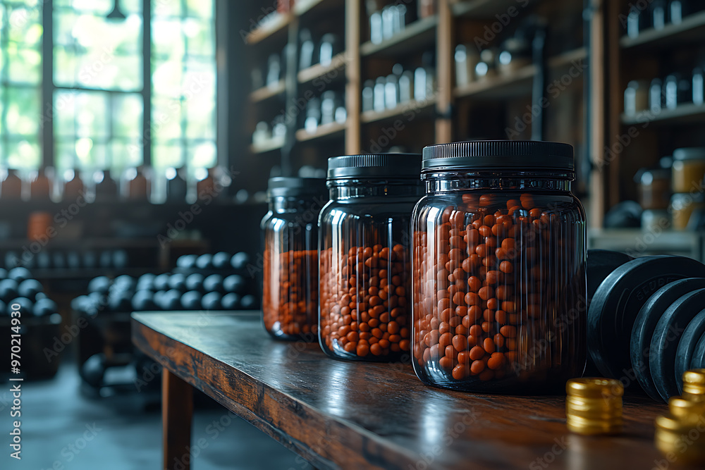 In a dark room, packages of sports nutrition are displayed in the foreground, with dumbbells visible in the background, emphasizing fitness and workout supplements.
