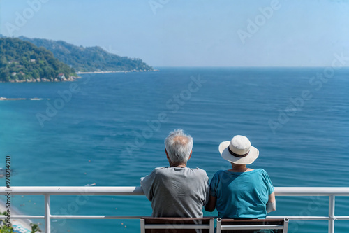 Senior Couple Enjoying Ocean View from Balcony.