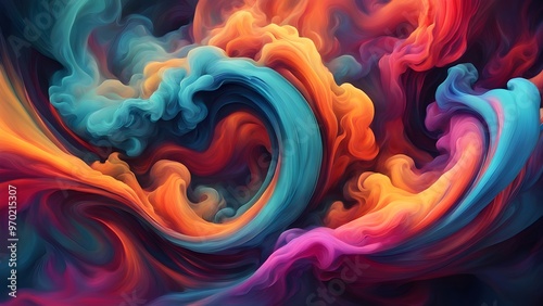 Abstract swirling colorful smoke with vibrant hues of blue, orange, red and purple.