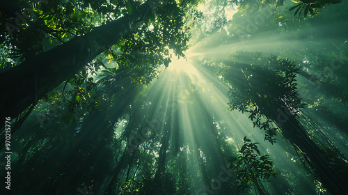 A dense canopy of tall trees in the Amazon rainforest, with sunlight filtering through the lush green foliage 