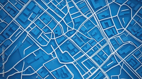 Map illustration featuring streets created with white lines on a blue background presented in a top down view 3D render design