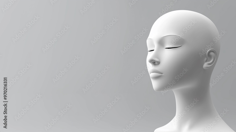 Minimalist white mannequin head with closed eyes on gray background, concept of tranquility, simplicity, and modern art, serene visual focus, abstract design element Minimalist white mannequin head with closed eyes on gray background, concept of tranquility, simplicity, and modern art, serene visual focus, abstract design element