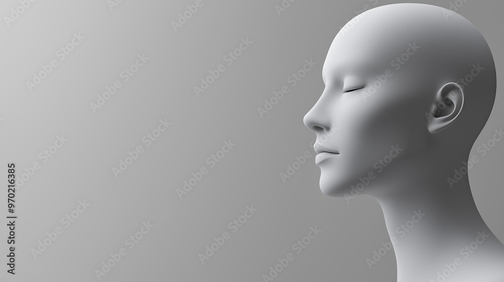 Minimalist white mannequin head with closed eyes on gray background, concept of tranquility, simplicity, and modern art, serene visual focus, abstract design element Minimalist white mannequin head with closed eyes on gray background, concept of tranquility, simplicity, and modern art, serene visual focus, abstract design element