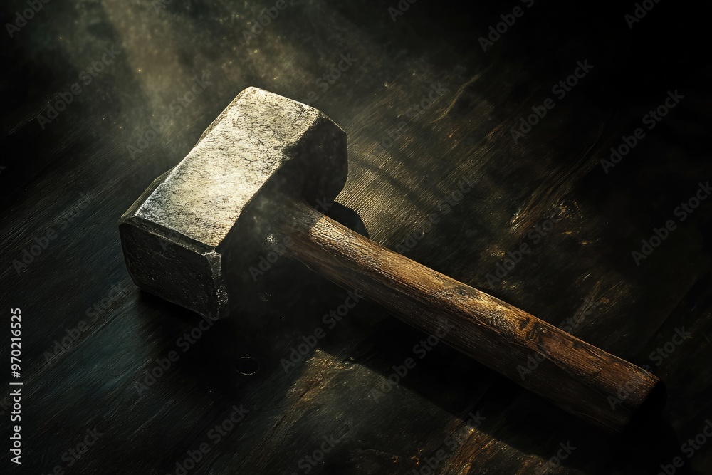 A Heavy Metal Hammer with a Wooden Handle on a Dark Wooden Surface A Heavy Metal Hammer with a Wooden Handle on a Dark Wooden Surface