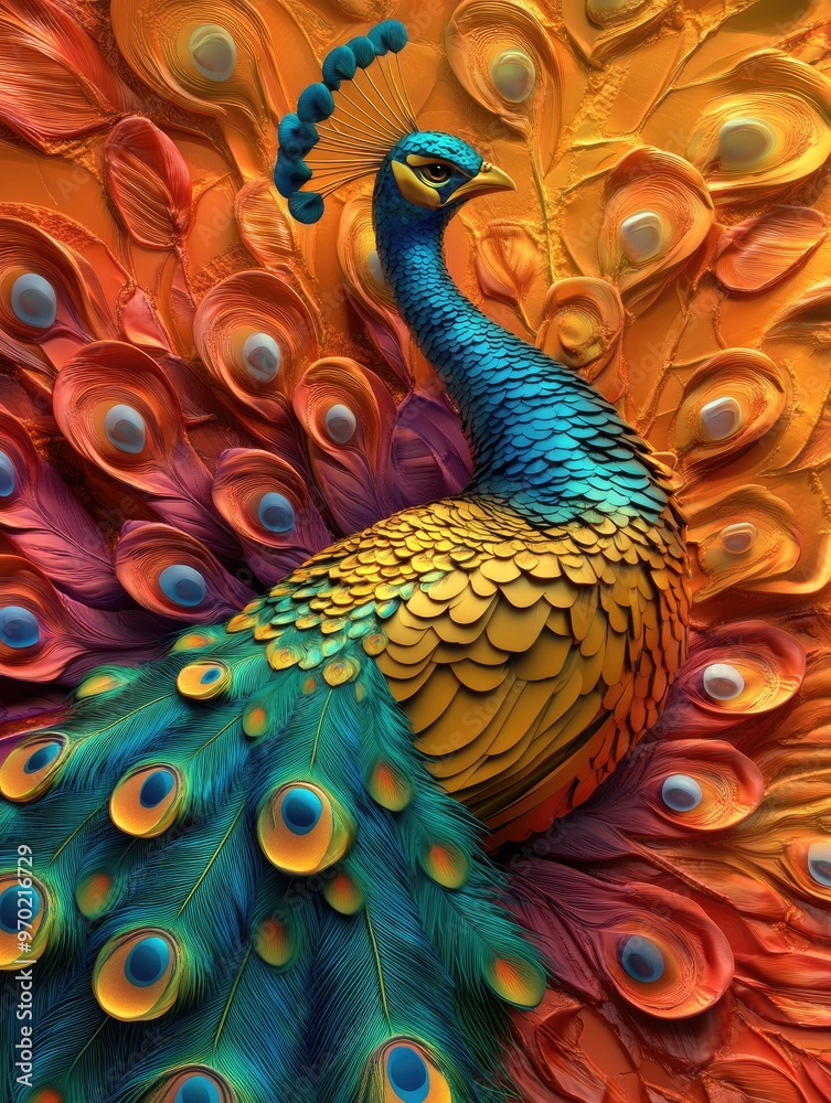 Fototapeta premium Surreal 3D illustration featuring a golden peacock with vibrant feathers set against a colorful background ideal for impressionistic carnival themed designs and decorations