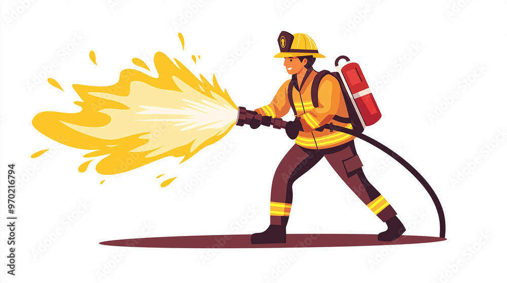 Fototapeta premium Cartoon firefighter in action, extinguishing flames with water hose, safety and rescue, heroic profession, animated character in full protective gear, emergency response illustration
