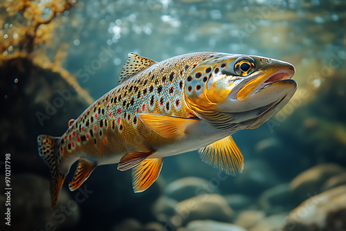 A realistic photo of wild salmon swimming upstream in a river during the spawning season, showcasing their natural behavior and vibrant colors in a dynamic, flowing environment. 