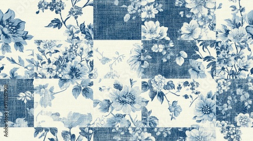 French blue floral printed fabric pattern for shabby chic home decor Rustic farmhouse cottage flower linen seamless background with patchwork quilt effect motif