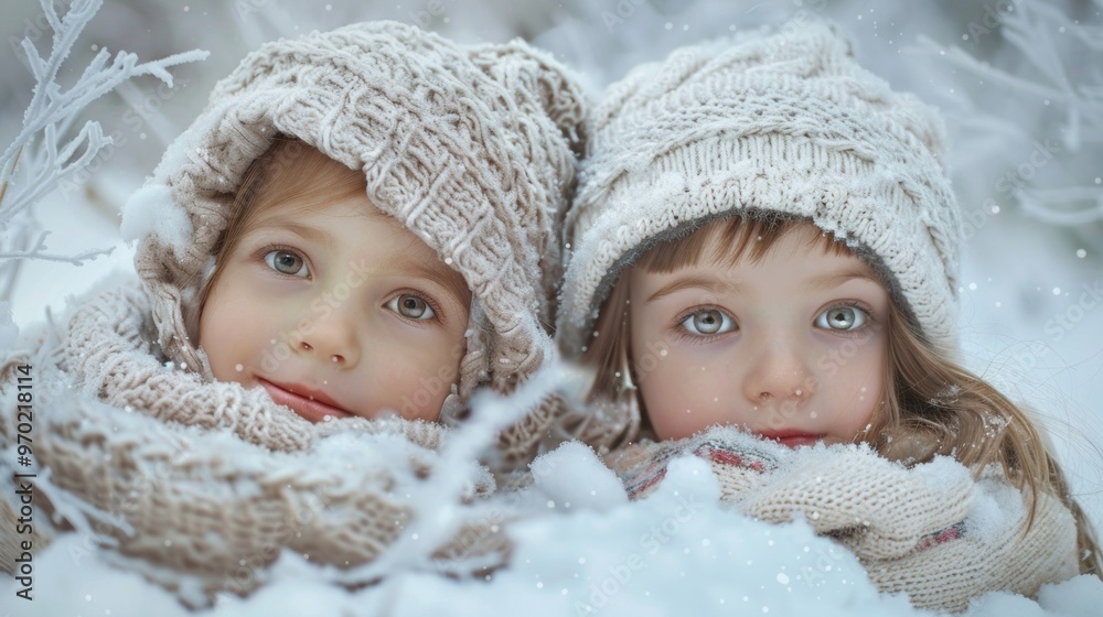 beautiful girls with light eyes looking at the camera in the snow in winter beautiful girls with light eyes looking at the camera in the snow in winter