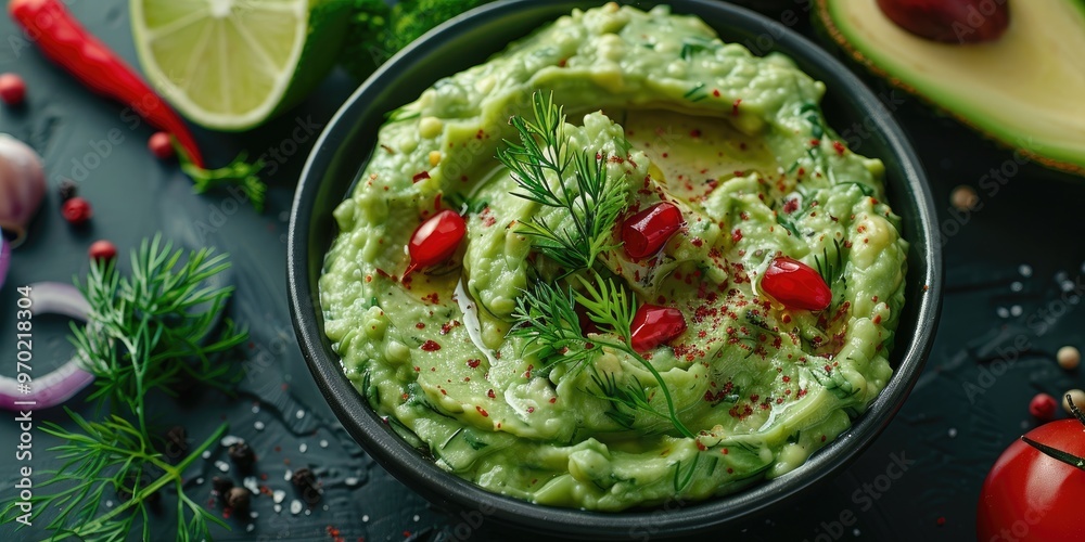 Savory avocado dip with tomatoes, chili pepper, lime, onion, garlic, dill, and coriander. Savory avocado dip with tomatoes, chili pepper, lime, onion, garlic, dill, and coriander.
