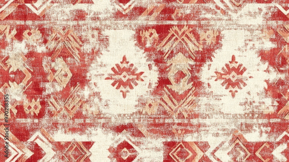 Seamless grungy tribal ethnic rug motif pattern featuring a high quality illustration Distressed native style design in faded sunburnt red and cream colors Old artisan textile seamless pattern Seamless grungy tribal ethnic rug motif pattern featuring a high quality illustration Distressed native style design in faded sunburnt red and cream colors Old artisan textile seamless pattern