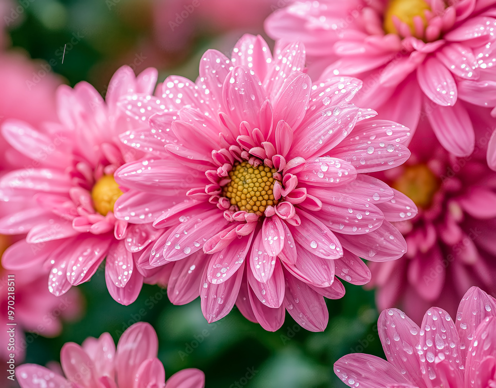 Pink chrysanthemum flowers with dew drops on the petals.