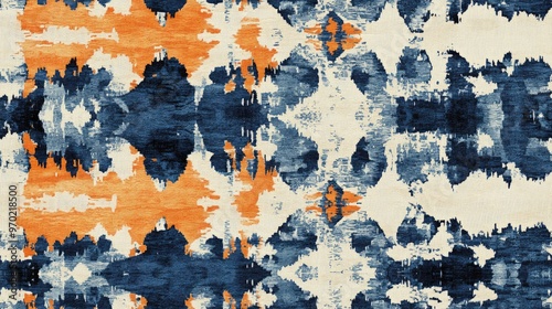 Geometric rug pattern featuring a seamless texture in blue indigo denim and orange Abstract kaleidoscope design with repeated tie dye rapport and ikat Turkish motif Ethnic geometric rug pattern