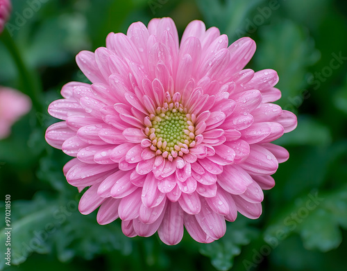 Pink chrysanthemum flowers with dew drops on the petals.