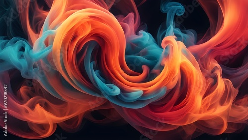 Abstract swirling blue and orange smoke on black background.