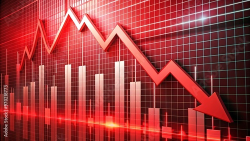The image is a red graph with a large red arrow pointing downwards, signifying a decline in an economic or market trend, on a red grid background.  The graph is set against a red grid, and the arrow photo