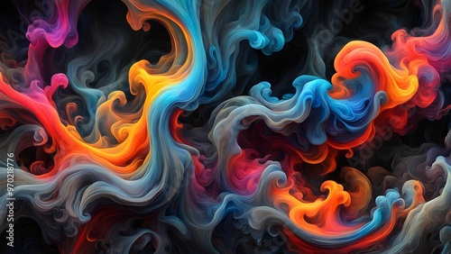 Abstract swirls of colorful smoke on black background.