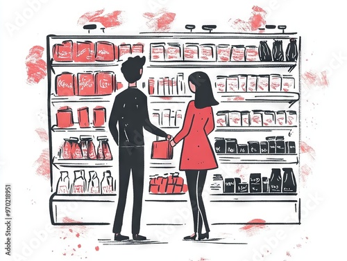 Obraz na płótnie Hand-Drawn Illustration of Couple Shopping at Supermarket w salonie
