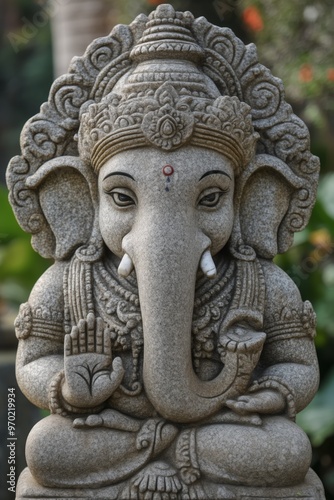 Close up of a grey stone Ganesha statue with intricate details