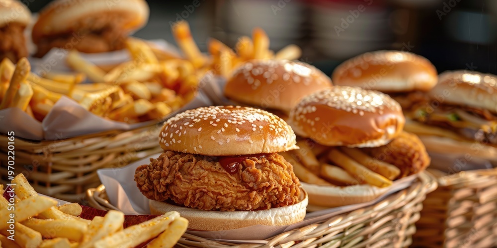 Baskets of Crispy Chicken Burgers French Fries and Fried Chicken on a Table Baskets of Crispy Chicken Burgers French Fries and Fried Chicken on a Table