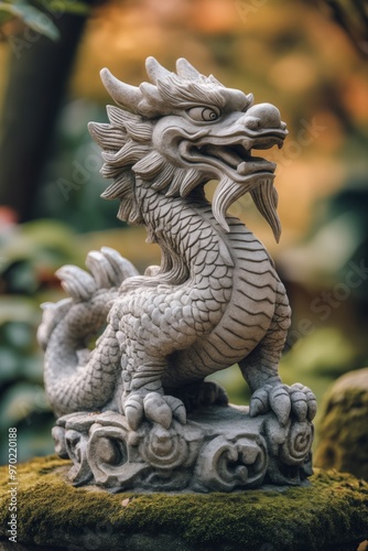 Close up of a stone dragon statue with intricate details. Symbol of power, luck, and prosperity in Asian culture.