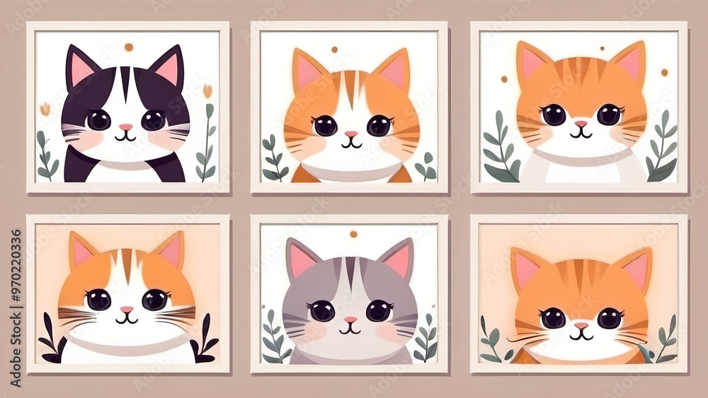 Cute Cat Cartoon Illustrations Set, Six adorable kitty faces for kids decor, social media, or printing. Cute Cat Cartoon Illustrations Set, Six adorable kitty faces for kids decor, social media, or printing.