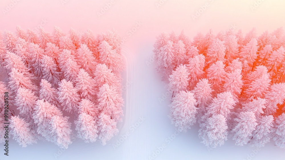 Pink frosted pine trees bathed in a warm glow, divided by a central path, on a soft gradient background. Perfect for winter or holiday-themed banners, nature designs, or seasonal marketing with copy s Pink frosted pine trees bathed in a warm glow, divided by a central path, on a soft gradient background. Perfect for winter or holiday-themed banners, nature designs, or seasonal marketing with copy s