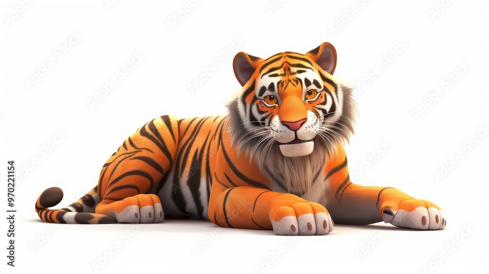 Obraz premium A friendly cartoon tiger with orange and black stripes lies down on a white background.