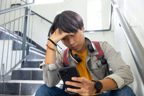 At school, Sitting on stairs, asian teenage boy with headphones using smartphone, looking stressed
