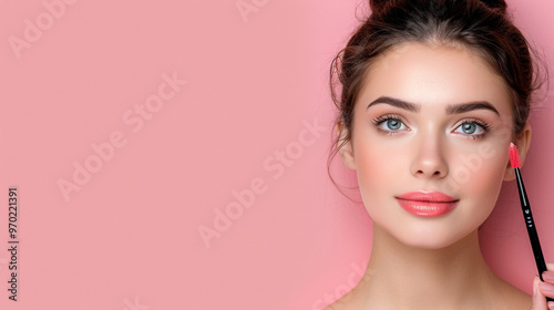 Holding makeup supplies in her hands is a young, attractive woman. 