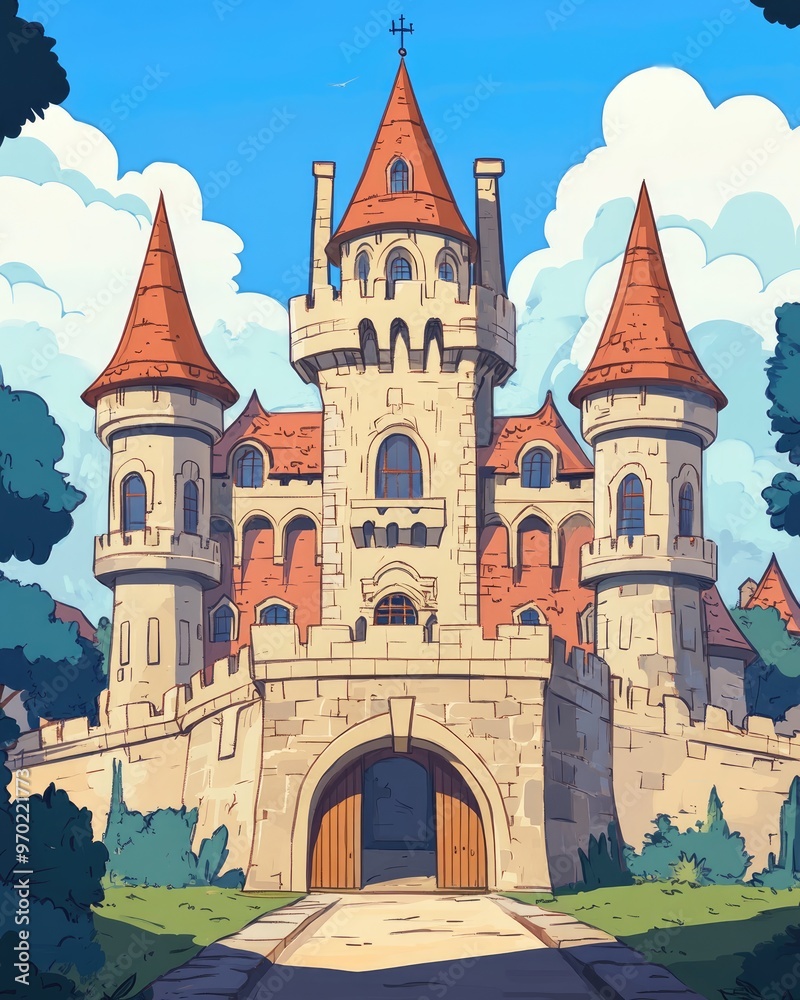 Medieval castle with a bridge 2D cartoon illustration of an ancient fantasy palace featuring gothic windows a wooden gate a red roof and a blue sky dotted with white clouds Fairy tale setting for Medieval castle with a bridge 2D cartoon illustration of an ancient fantasy palace featuring gothic windows a wooden gate a red roof and a blue sky dotted with white clouds Fairy tale setting for
