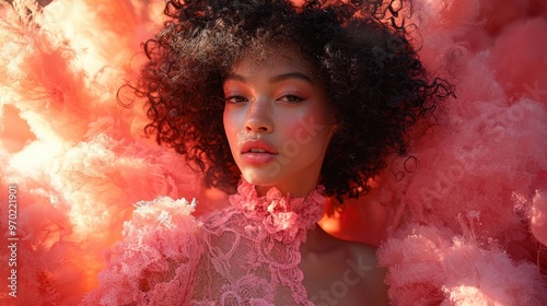 Fashion editorial with Peach Fuzz-colored attire against chic background photo