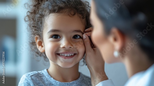 Pediatrician examining a childs ears, detailed close-up of the interaction in a clinical setting  photo