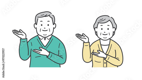 案内をする高齢者小太り男女の上半身イラスト
