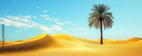 Desert landscape with palm tree under clear