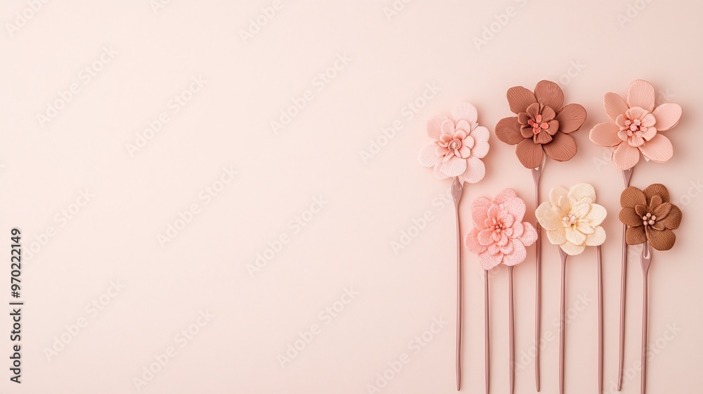 Obraz premium Flat lay of decorative pink and beige flower hairpins on pastel background. Fashion accessories for women's hairstyle and hair decoration isolated on pink background.